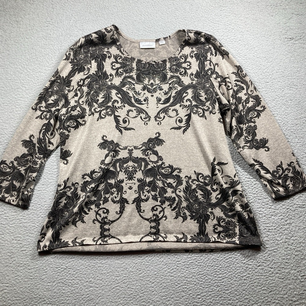 Avenue Sweater Women's Plus 18 Black Damask on Brown Long Sleeve‎ Lightweight